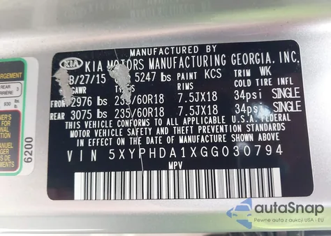 2016 Kia Sorento 2.0T Ex from USA, damaged, VIN 5XYPHDA1XGG030794